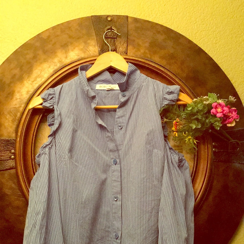 jean striped button up cold shoulder